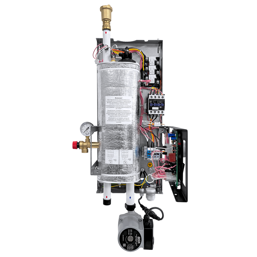 ЭЛЕКТРИЧЕСКАЯ ЧАСТЬ

	Электромеханические реле с воздушным&nbsp;охлаждением рассчитаны на 40 А и имеют&nbsp;двукратный запас по номинальному току&nbsp;
	Электромеханические реле оснащены&nbsp;индивидуальной термической защитой&nbsp;и винтовым соединением контактов
	Независимый расцепитель срабатывает при отказе реле и аварийном перегреве котла
	Нагревательный элемент из нержавеющей стали&nbsp;с низкой удельной тепловой напряженностью&nbsp;и долгим сроком службы
	Ручной выбор требуемой мощности котла
	Возможность подключения комнатного&nbsp;термостата

